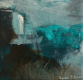 A square framed abstract painting featuring teal, blue, black, and white brushstrokes, housed in a white frame on a light gray marble surface.