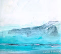 An abstract painting depicting a coastal landscape with textured brushstrokes of turquoise, teal, pink and grey representing water and cliffs, under a white and light grey sky. Signed 'Sarah Pittaway