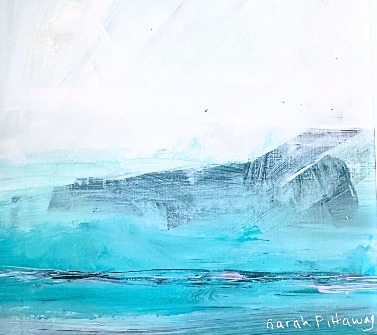 An abstract painting depicting a coastal landscape with textured brushstrokes of turquoise, teal, pink and grey representing water and cliffs, under a white and light grey sky. Signed 'Sarah Pittaway