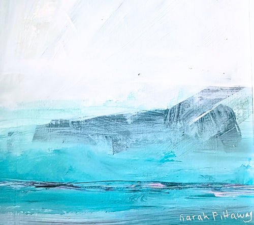 An abstract painting depicting a coastal landscape with textured brushstrokes of turquoise, teal, pink and grey representing water and cliffs, under a white and light grey sky. Signed 'Sarah Pittaway
