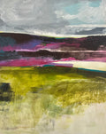 An abstract landscape painting on textured paper, featuring a gray and white sky, dark purple and black hills, a magenta horizon, and a bright yellow-green field below.