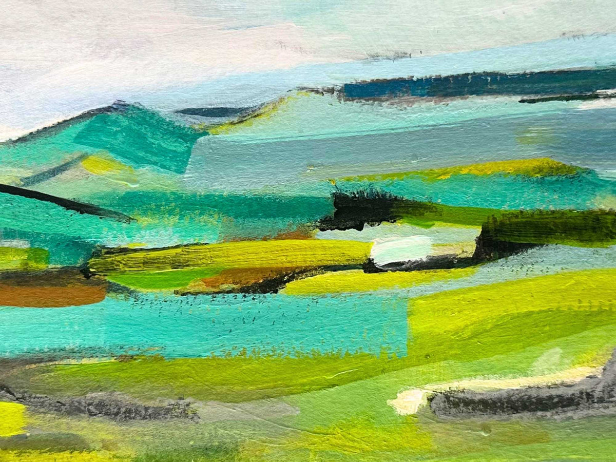 An abstract landscape painting featuring textured brushstrokes of green, teal, blue, yellow, and gray, depicting rolling hills and fields.