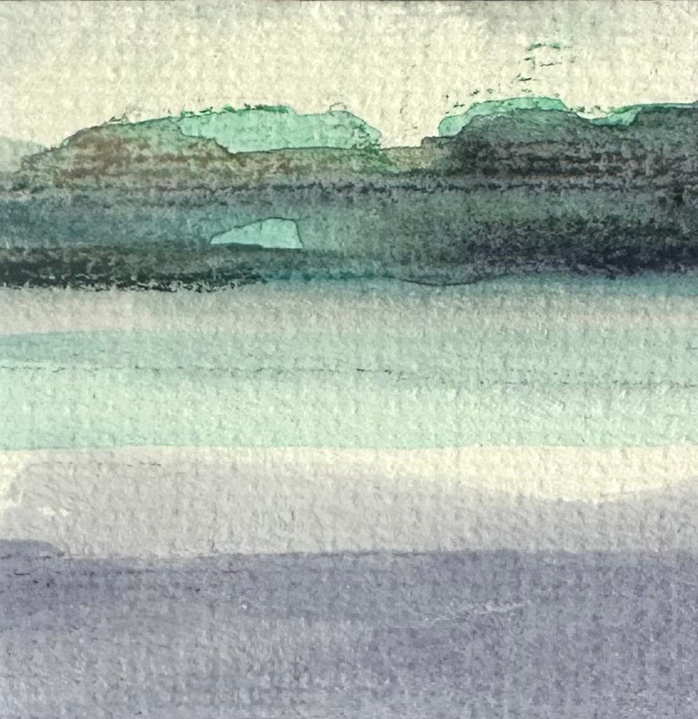 Abstract watercolor landscape painting with layered horizontal bands of teal, green, gray, and muted purple on textured paper.