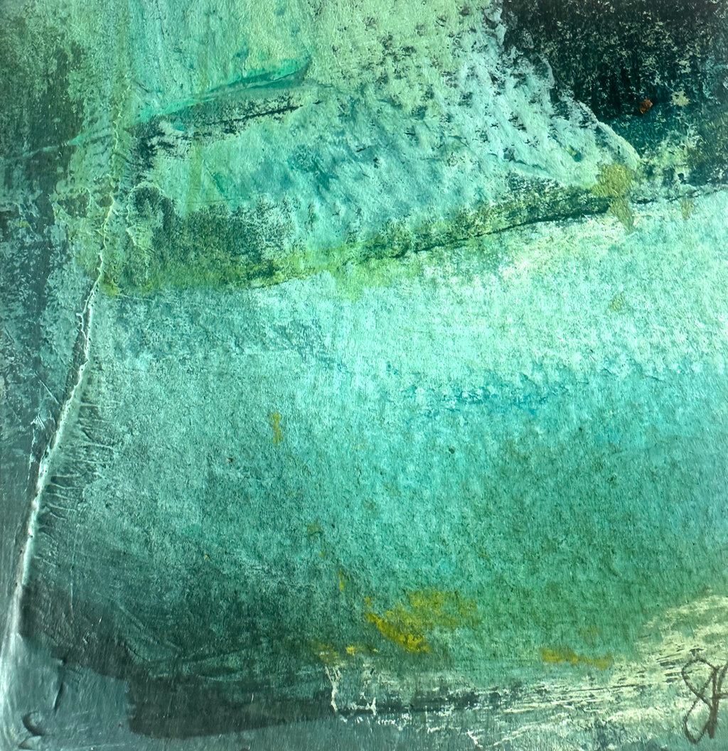 An abstract textured painting featuring a blend of teal, turquoise, and green tones with dark charcoal and yellow accents.