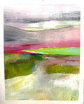 An abstract landscape painting featuring textured brushstrokes of green, pink, gray, and white, depicting rolling hills and a reflective water scene.
