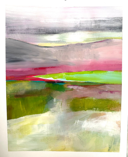 An abstract landscape painting featuring textured brushstrokes of green, pink, gray, and white, depicting rolling hills and a reflective water scene.