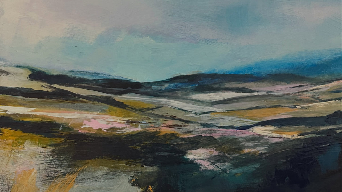 An abstract landscape painting featuring rolling hills and a cloudy sky, rendered in shades of blue, gray, black, white, and touches of gold and pink.