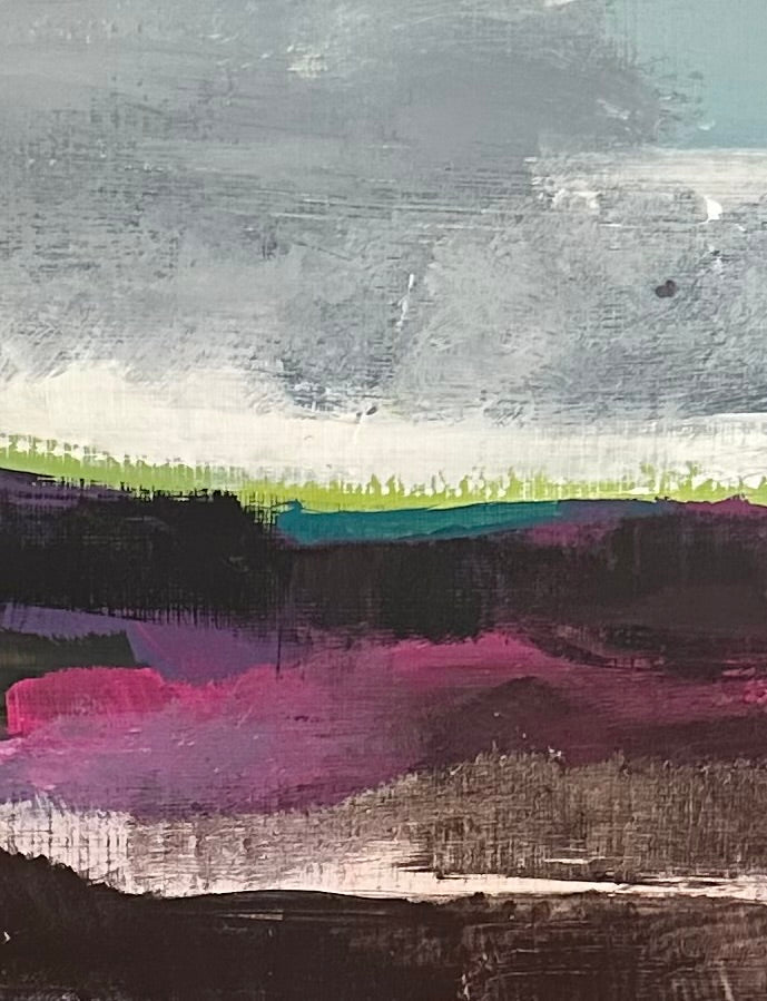 Abstract landscape painting with textured brushstrokes, featuring a gray sky, a bright green horizon line, dark black landforms, and a prominent magenta pink valley in the foreground.